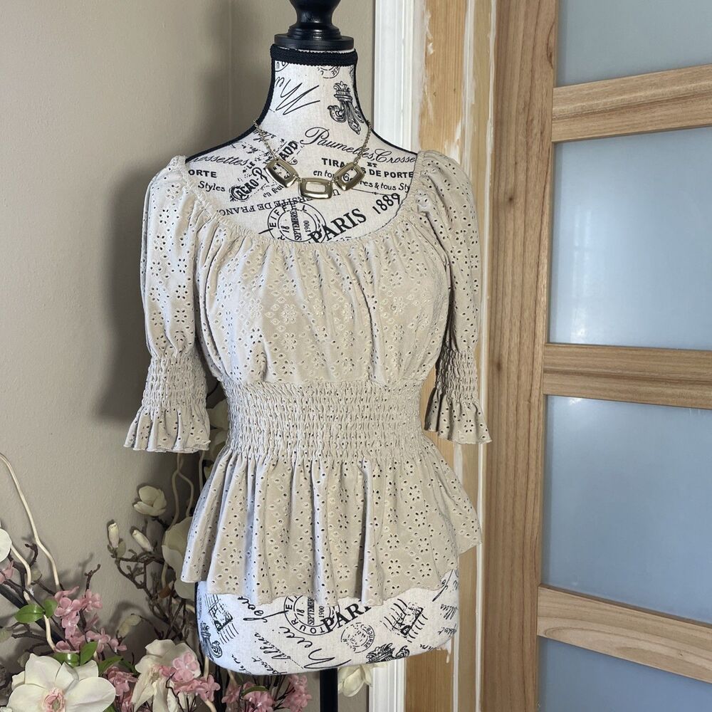 Urban Romantics Peasant Blouse Size L Smocked Off Shoulder Eyelet Embroidered